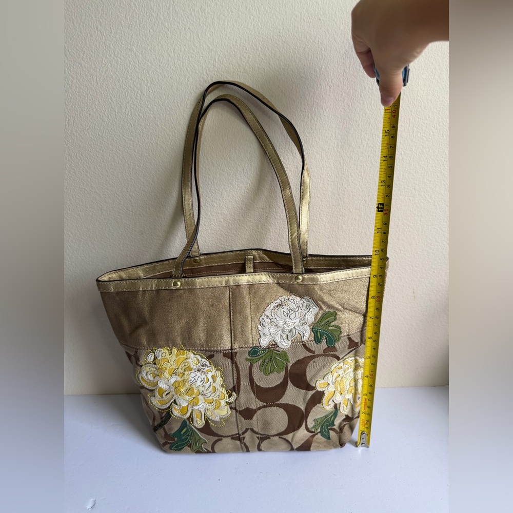 Coach 12204 Signature Stripe Floral Monogram Tote Purse in Khaki-Brown Jacquard - Picture 3 of 12